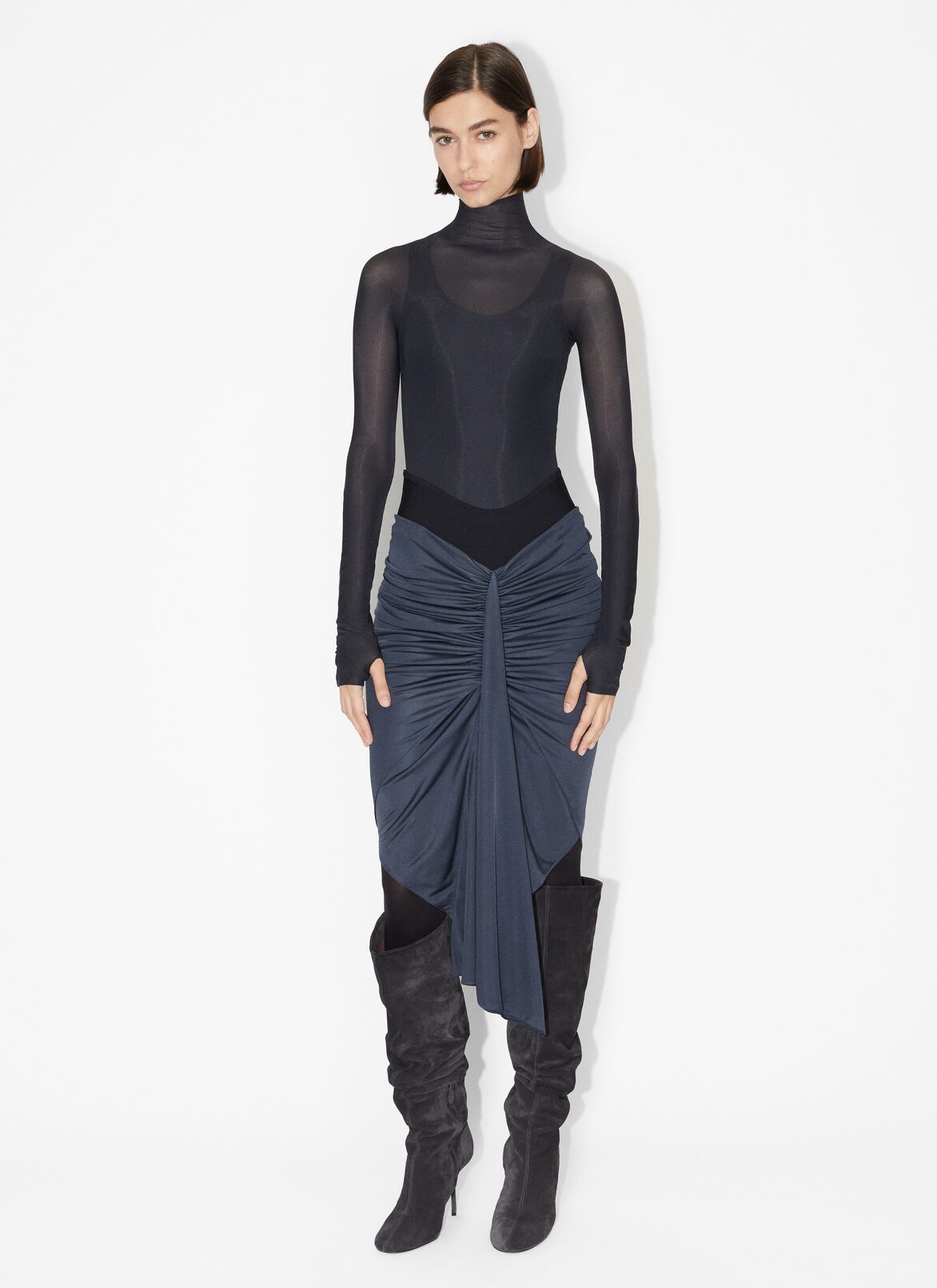 Midi draped asymmetrical skirt
 ALAÏA BLUE MIDI DRAPED ASYMMETRICAL SKIRT